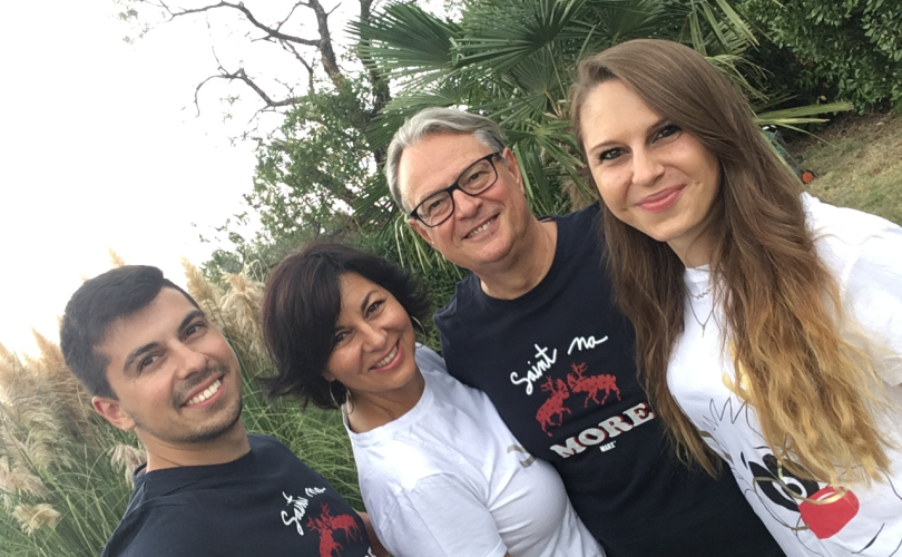 Marko with his wife Ester, daughter Gaja Ana and son Benjamin in their garden in Nova vas, Slovenia (EU), Summer 2018.