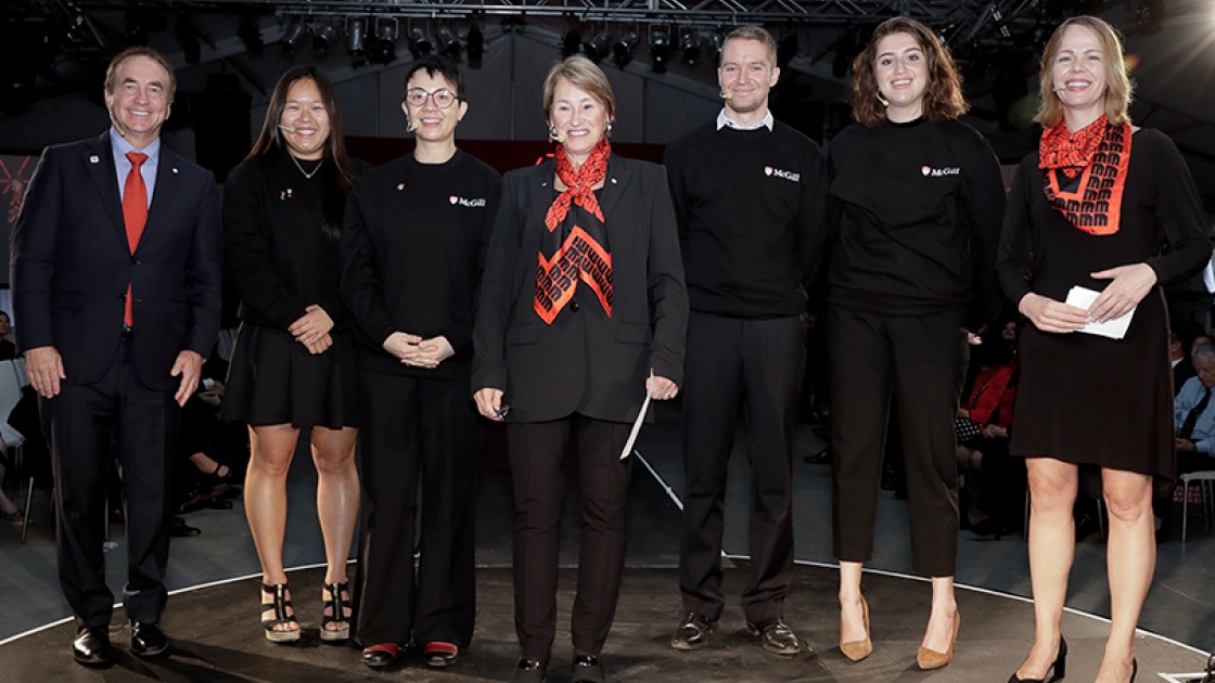 McGill Principal Suzanne Fortier, Campaign Co-Chairs John McCall MacBain and Marcia Moffatt, students and researchers