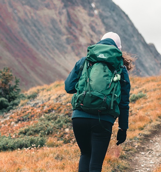 Person with backpack walking away from camera on a mountain