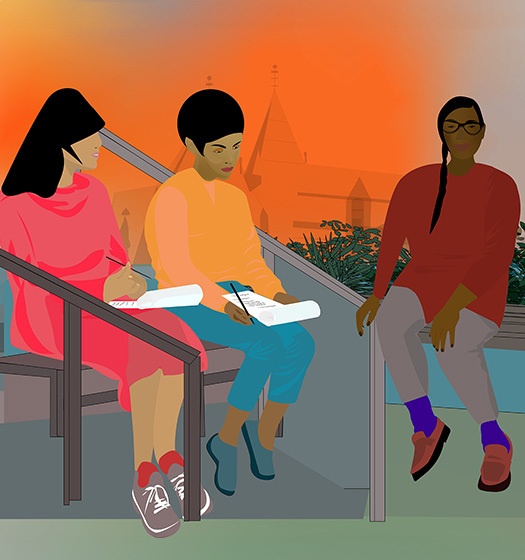 Illustration colorée de trois étudiantes assises sur des bancs du campus de McGill.