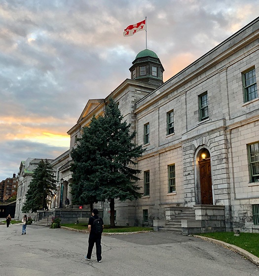 Several students walking in front of the Arts building at dusk