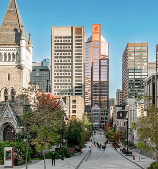 A city with a stone building and tall buildings