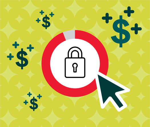 An illustration showing a circular progress chart displays a lock icon in center, indicating security or privacy status. Next graphic exhibits a red circle with a white party hat icon centered on a yellow background patterned with light yellow star shapes. 