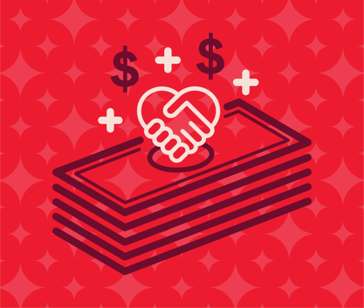 Illustration depicting a stack of money with a heart-shaped handshake symbol above it, surrounded by dollar signs and plus symbols. 